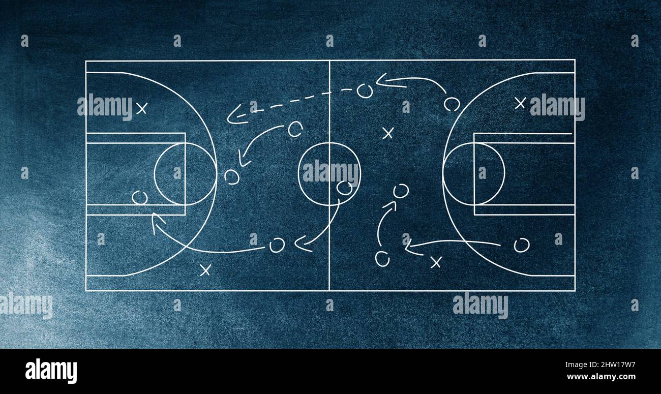 Image of sports tactics over basketball court and chalkboard background Stock Photo