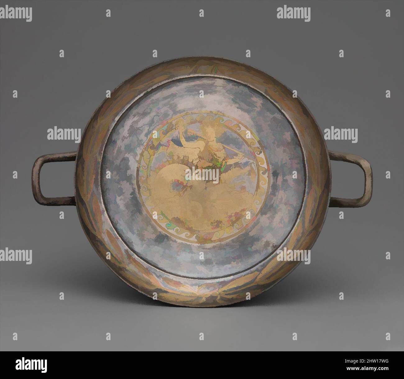 Art inspired by Gilt silver kylix, Classical period, late fifth century B.C., Greek, Silver-gilt, Width: 8 13/16 in. (22.4 cm), Gold and Silver, On the tondo is represented ‘dread-yelping’ Scylla, the Homeric sea monster who lived in a cave on a cliff along the Sicilian coast off the, Classic works modernized by Artotop with a splash of modernity. Shapes, color and value, eye-catching visual impact on art. Emotions through freedom of artworks in a contemporary way. A timeless message pursuing a wildly creative new direction. Artists turning to the digital medium and creating the Artotop NFT Stock Photo