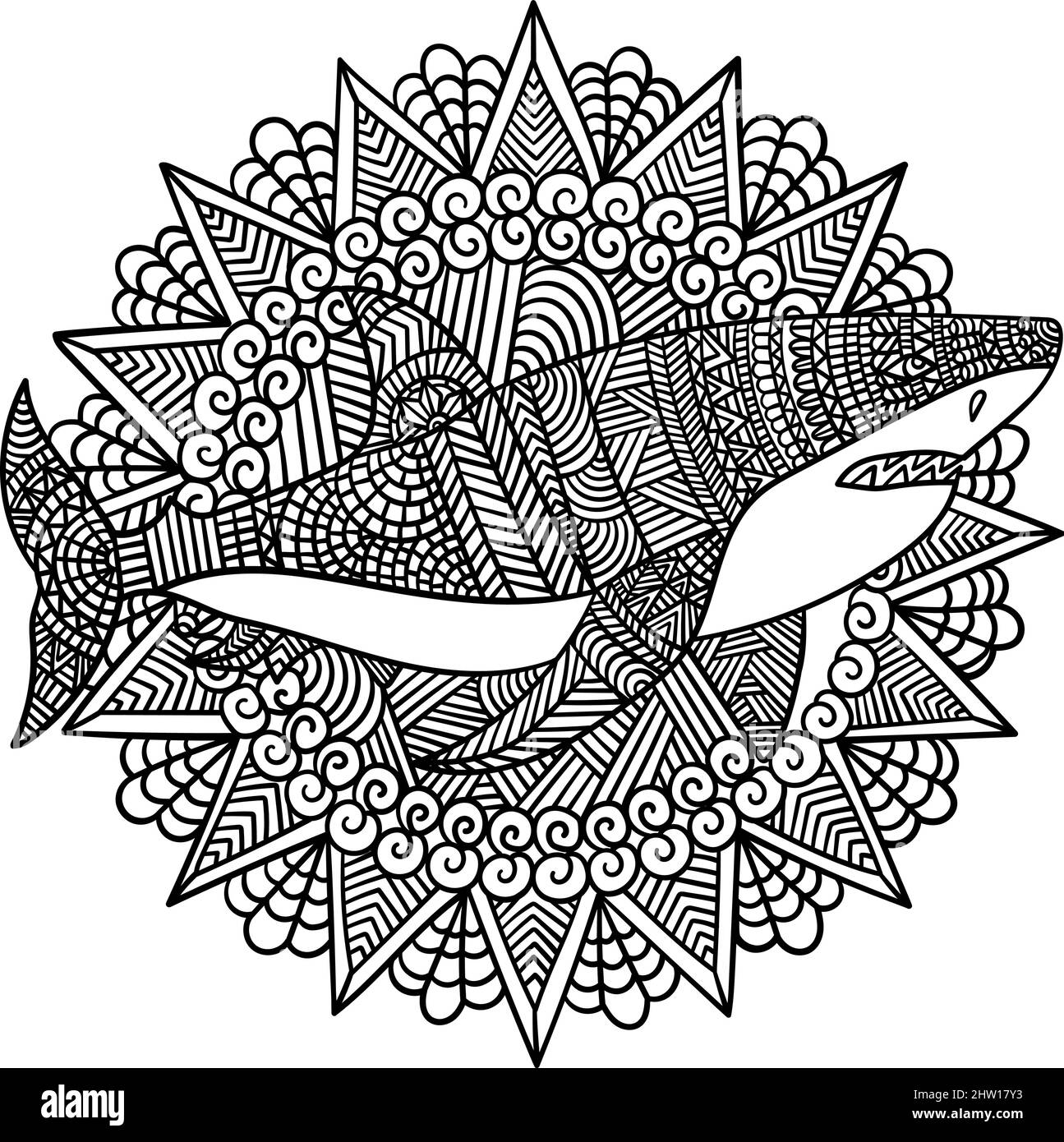 Great White Shark Mandala Coloring Page for Adults Stock Vector Image
