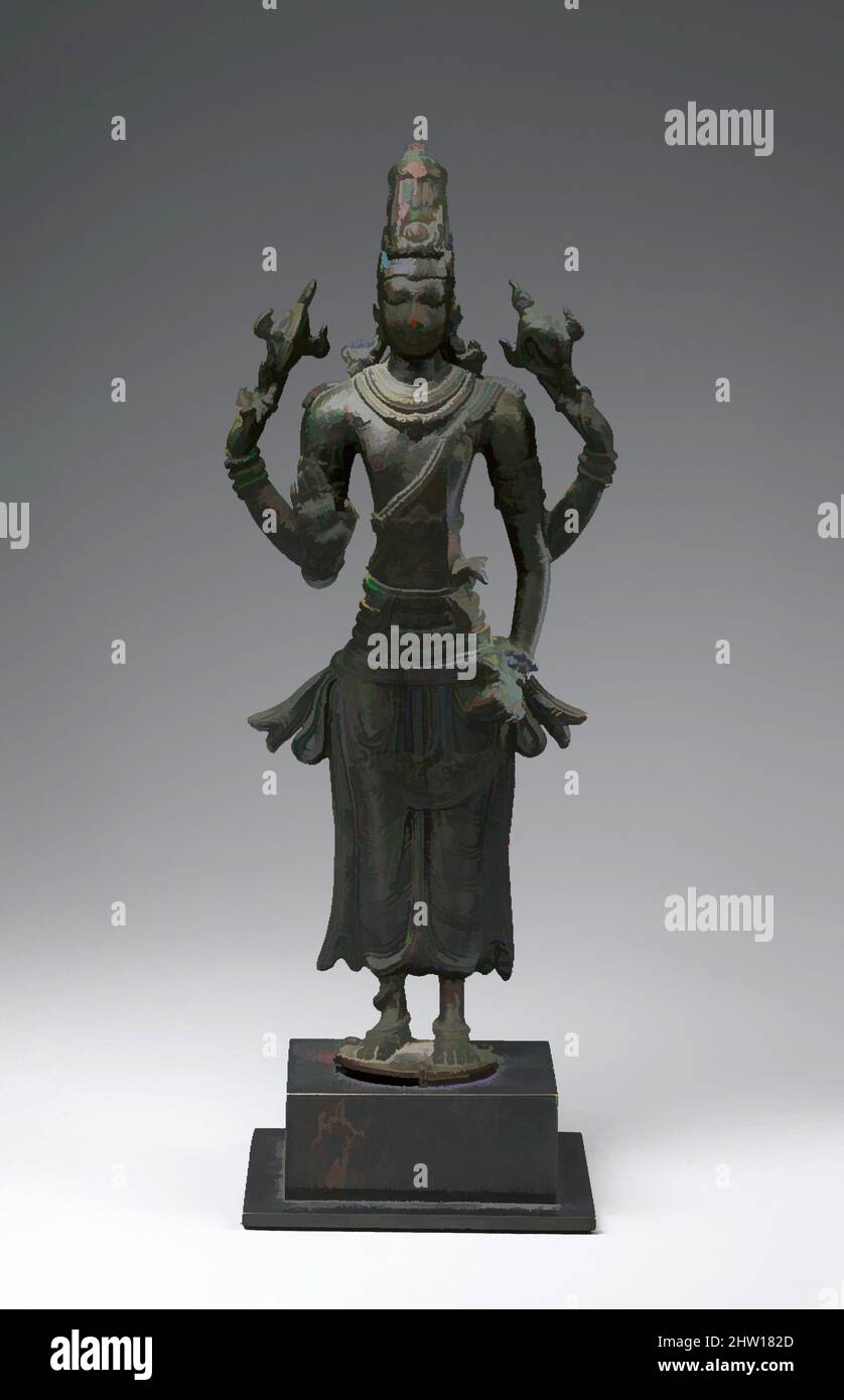 Art inspired by Vishnu, Pallava period, first half of the 9th century, South India (Tamil Nadu), Copper alloy, H. 8 1/2 in. (21.6 cm); W. 3 3/4 in. (9.5 cm); D. 1 3/8 in. (3.5 cm), Sculpture, The Pallavas, centered at their imperial capital of Kanchipuram, were the most powerful clan, Classic works modernized by Artotop with a splash of modernity. Shapes, color and value, eye-catching visual impact on art. Emotions through freedom of artworks in a contemporary way. A timeless message pursuing a wildly creative new direction. Artists turning to the digital medium and creating the Artotop NFT Stock Photo