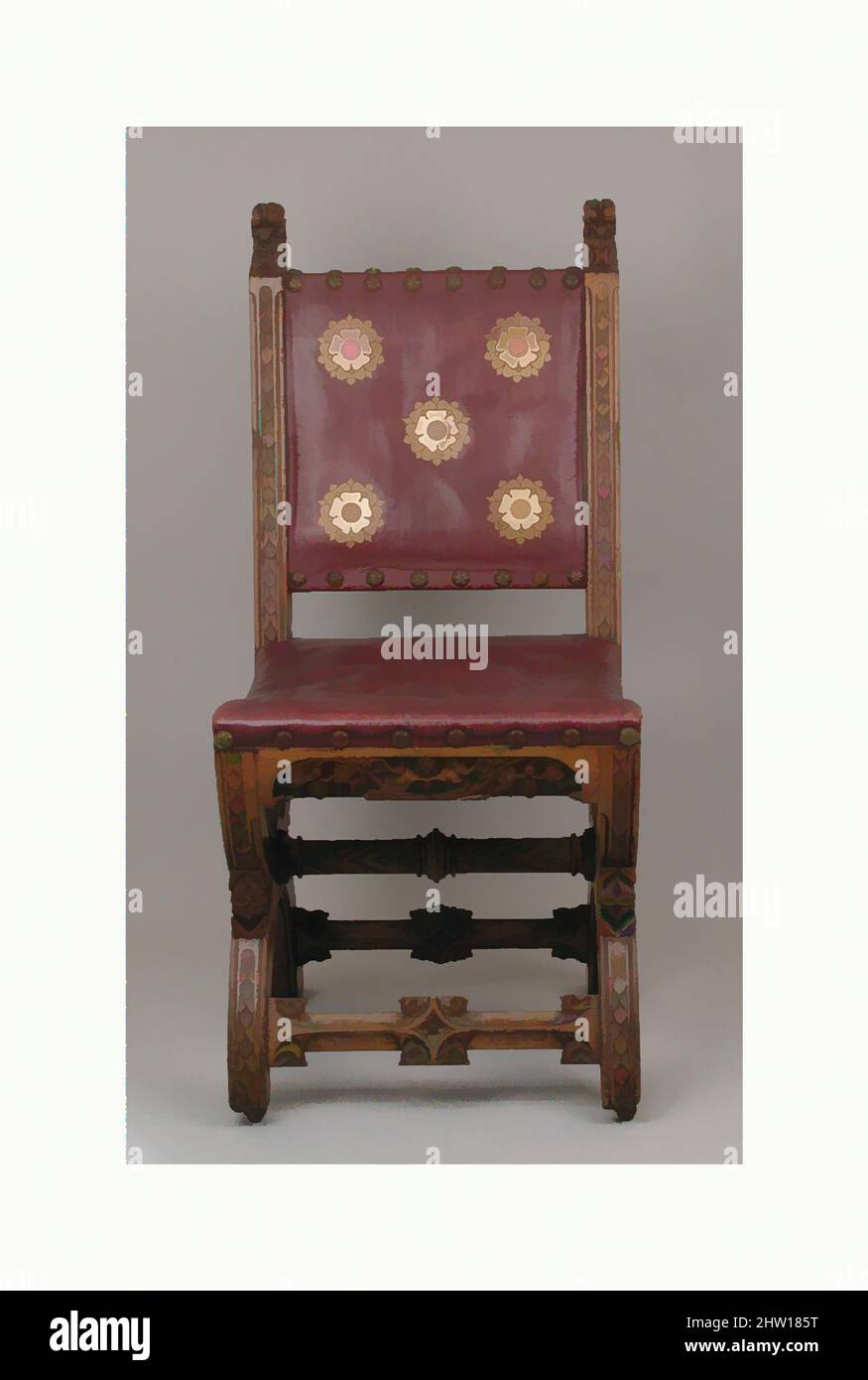 Art inspired by Side chair, ca. 1847, British, Carved oak, gold-stamped leather; metal casters, Overall (confirmed): 39 1/2 × 17 3/4 × 22 in. (100.3 × 45.1 × 55.9 cm), Woodwork-Furniture, John Webb (British, 1799–1880), This chair comes from the Palace of Westminster which was rebuilt, Classic works modernized by Artotop with a splash of modernity. Shapes, color and value, eye-catching visual impact on art. Emotions through freedom of artworks in a contemporary way. A timeless message pursuing a wildly creative new direction. Artists turning to the digital medium and creating the Artotop NFT Stock Photo