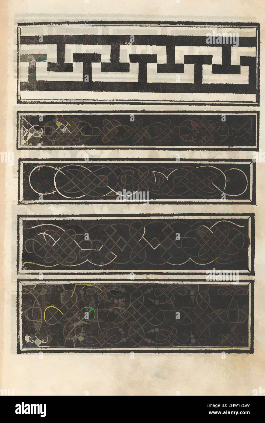 Art inspired by Essempio di recammi, page 22 (recto), 1530, Woodcut, Overall: 7 13/16 x 6 3/16 x 3/8 in. (19.8 x 15.7 x 1 cm), Written by Giovanni Antonio Tagliente, Italian, Venice ca. 1465-1527 Venice, published by Giovanantonio e i fratelli da Sabbio Venice. From top to bottom, and, Classic works modernized by Artotop with a splash of modernity. Shapes, color and value, eye-catching visual impact on art. Emotions through freedom of artworks in a contemporary way. A timeless message pursuing a wildly creative new direction. Artists turning to the digital medium and creating the Artotop NFT Stock Photo