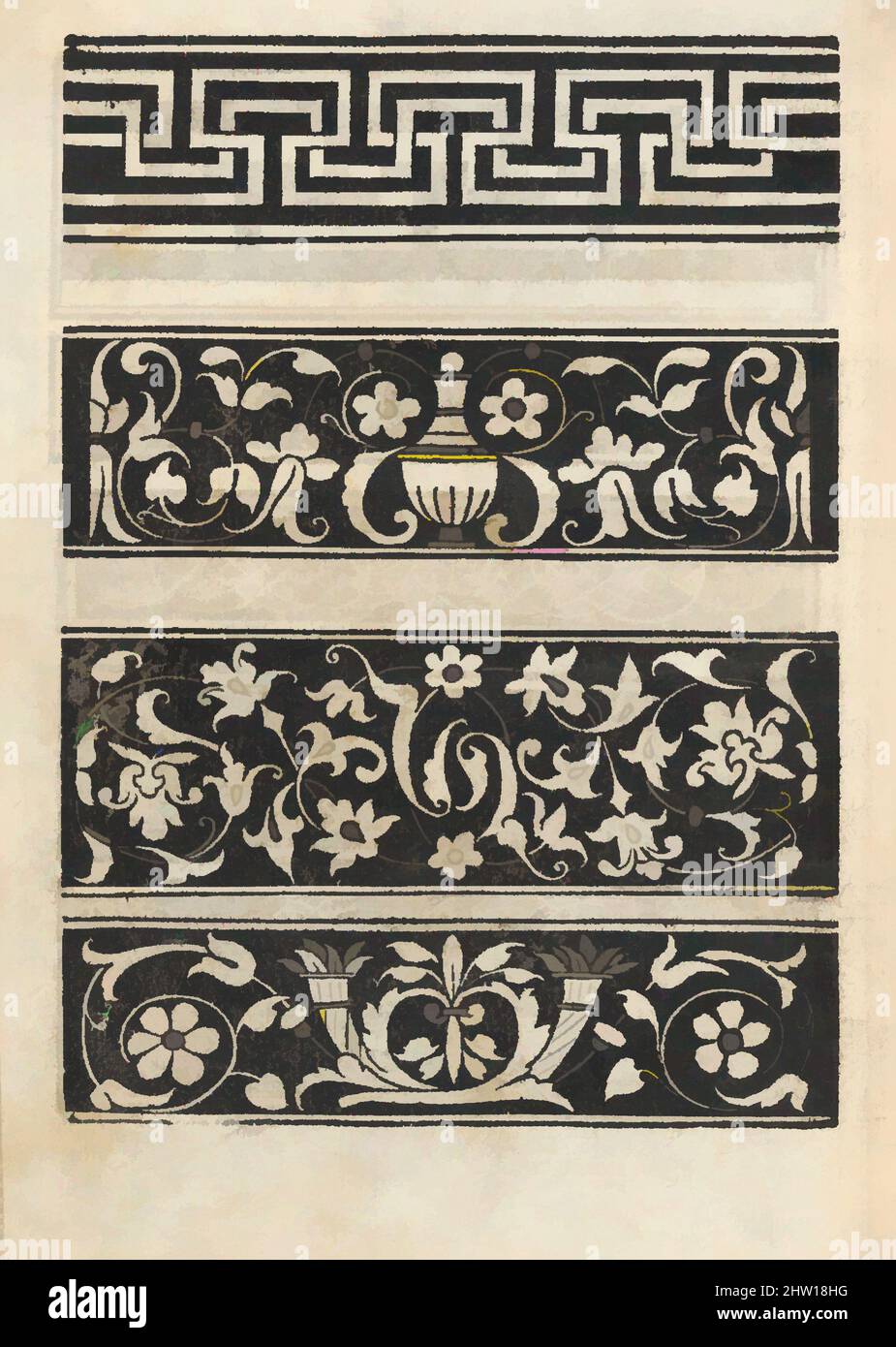 Art inspired by Essempio di recammi, page 22 (verso), 1530, Woodcut, Overall: 7 13/16 x 6 3/16 x 3/8 in. (19.8 x 15.7 x 1 cm), Written by Giovanni Antonio Tagliente, Italian, Venice ca. 1465-1527 Venice, published by Giovanantonio e i fratelli da Sabbio Venice. From top to bottom, and, Classic works modernized by Artotop with a splash of modernity. Shapes, color and value, eye-catching visual impact on art. Emotions through freedom of artworks in a contemporary way. A timeless message pursuing a wildly creative new direction. Artists turning to the digital medium and creating the Artotop NFT Stock Photo
