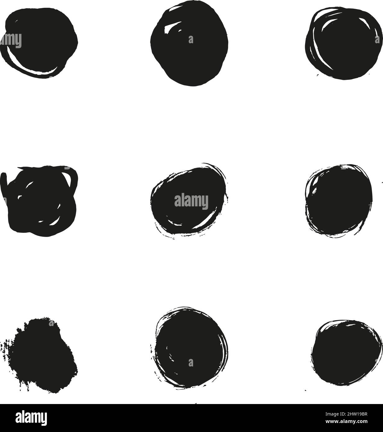 Vector collection of isolated black circle ink doodles spots prints smudges spatters and droplets on white paper background. Can be used for dirty gru Stock Vector