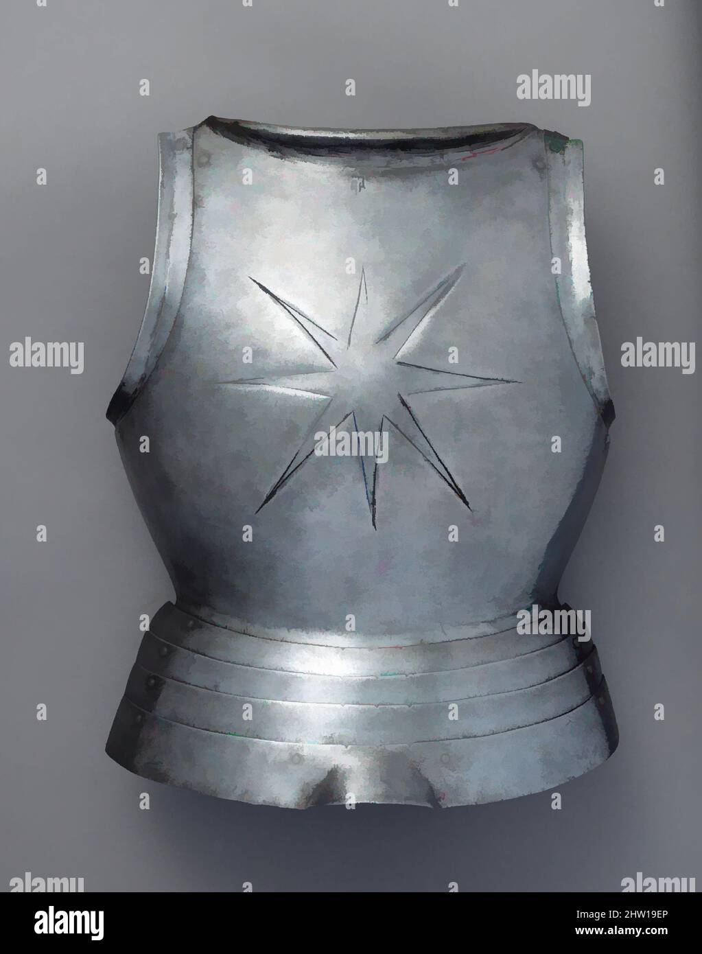 Art inspired by Breastplate, ca. 1500–10, German, Steel, leather, H. 18 1/2 in. (46.8 cm); W. 14 1/2 in. (36.7 cm); D. 6 1/4 in. (16 cm); Wt. 6 lb. 4 oz. (2832 g), Armor Parts-Breastplates, This simple but well-made breastplate for infantry use is remarkable for the technique of its, Classic works modernized by Artotop with a splash of modernity. Shapes, color and value, eye-catching visual impact on art. Emotions through freedom of artworks in a contemporary way. A timeless message pursuing a wildly creative new direction. Artists turning to the digital medium and creating the Artotop NFT Stock Photo