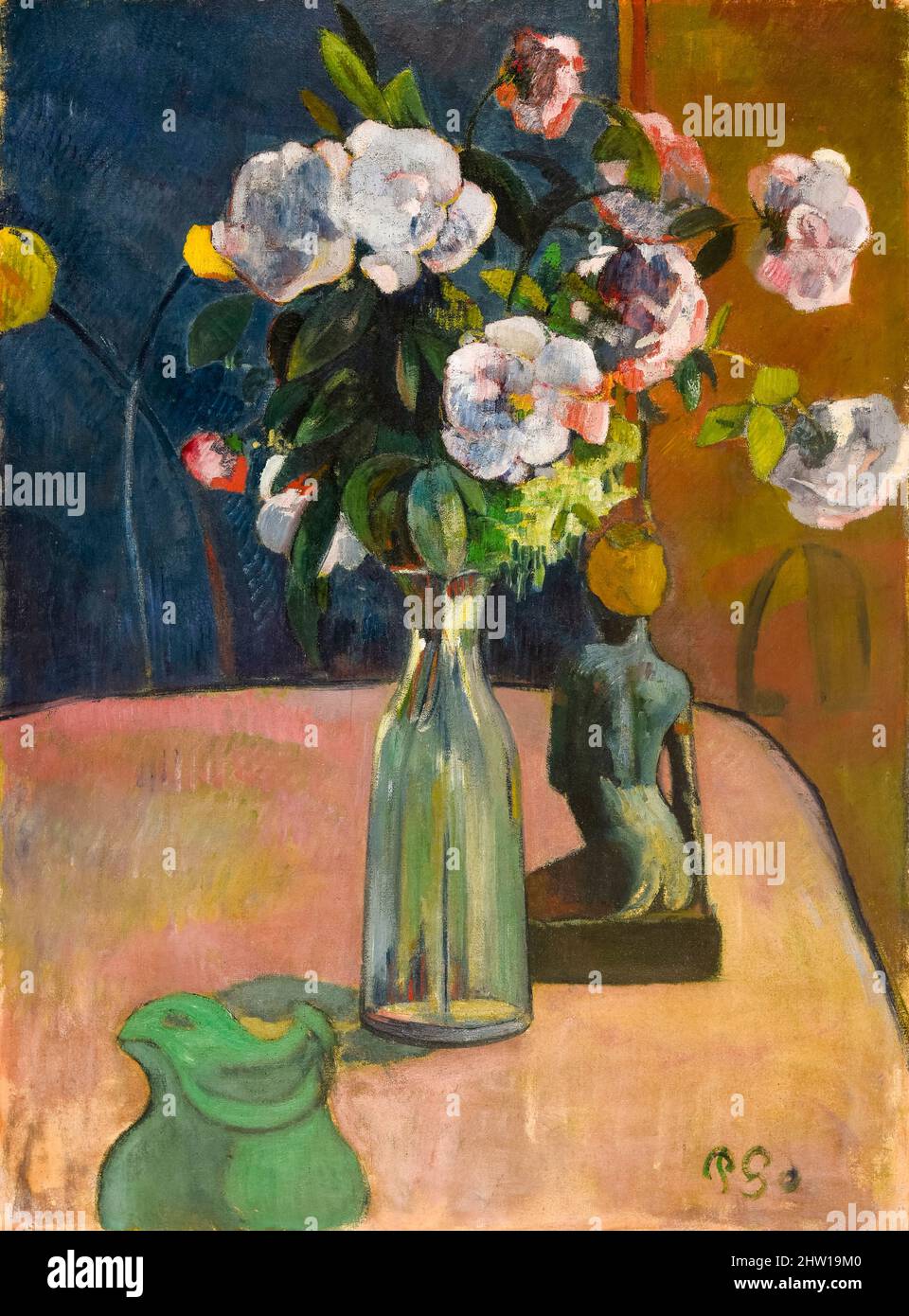 Paul Gauguin, Roses et statuette, still life painting in oil on canvas, 1889 Stock Photo