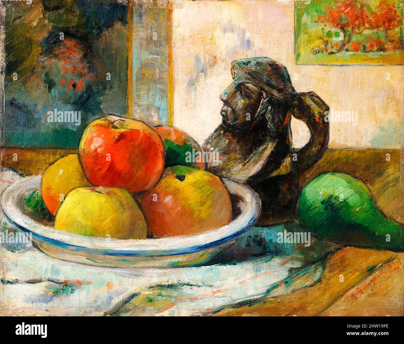 Paul Gauguin, Still Life with Apples, a Pear, and a Ceramic Portrait Jug, painting in oil on paper mounted on panel, 1889 Stock Photo