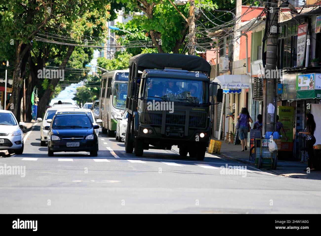 salvador, bahia, brazil - april 23, 2014: Military members of the Army patrol in the neighborhood of Sussuarana in Salvador, during a military police Stock Photo