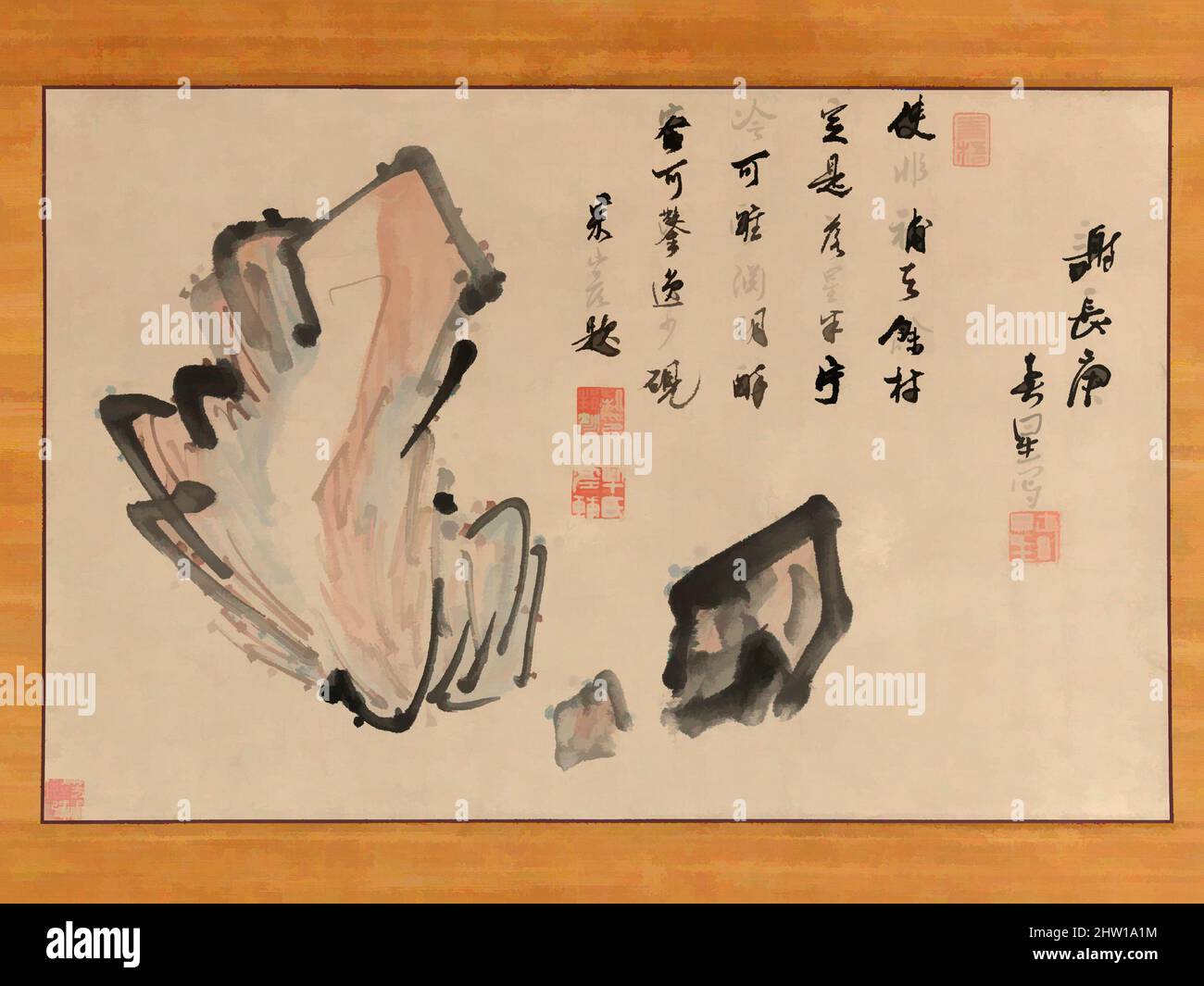 Art inspired by Rocks, Edo period (1615–1868), Japan, Hanging scroll; ink and color on paper, Image: 12 3/16 × 18 3/4 in. (31 × 47.7 cm), Paintings, Yosa Buson (Japanese, 1716–1783, Classic works modernized by Artotop with a splash of modernity. Shapes, color and value, eye-catching visual impact on art. Emotions through freedom of artworks in a contemporary way. A timeless message pursuing a wildly creative new direction. Artists turning to the digital medium and creating the Artotop NFT Stock Photo