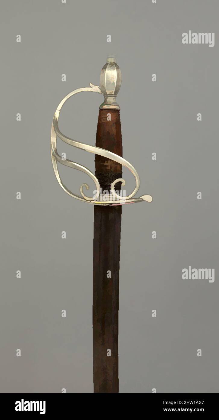 Art inspired by Cavalry Officer's Saber, ca. 1793–95, Philadelphia, Pennsylvania, American, Philadelphia, Steel, silver, wood, textile, copper, H. 41 in. (104.1 cm); H. of blade 34 1/2 in. (87.6 cm); W. 4 5/8 in. (11.7 cm); D. 4 in. (10.2 cm); Wt. 1 lb. 10.3 oz. (745.6 g), Swords, This, Classic works modernized by Artotop with a splash of modernity. Shapes, color and value, eye-catching visual impact on art. Emotions through freedom of artworks in a contemporary way. A timeless message pursuing a wildly creative new direction. Artists turning to the digital medium and creating the Artotop NFT Stock Photo