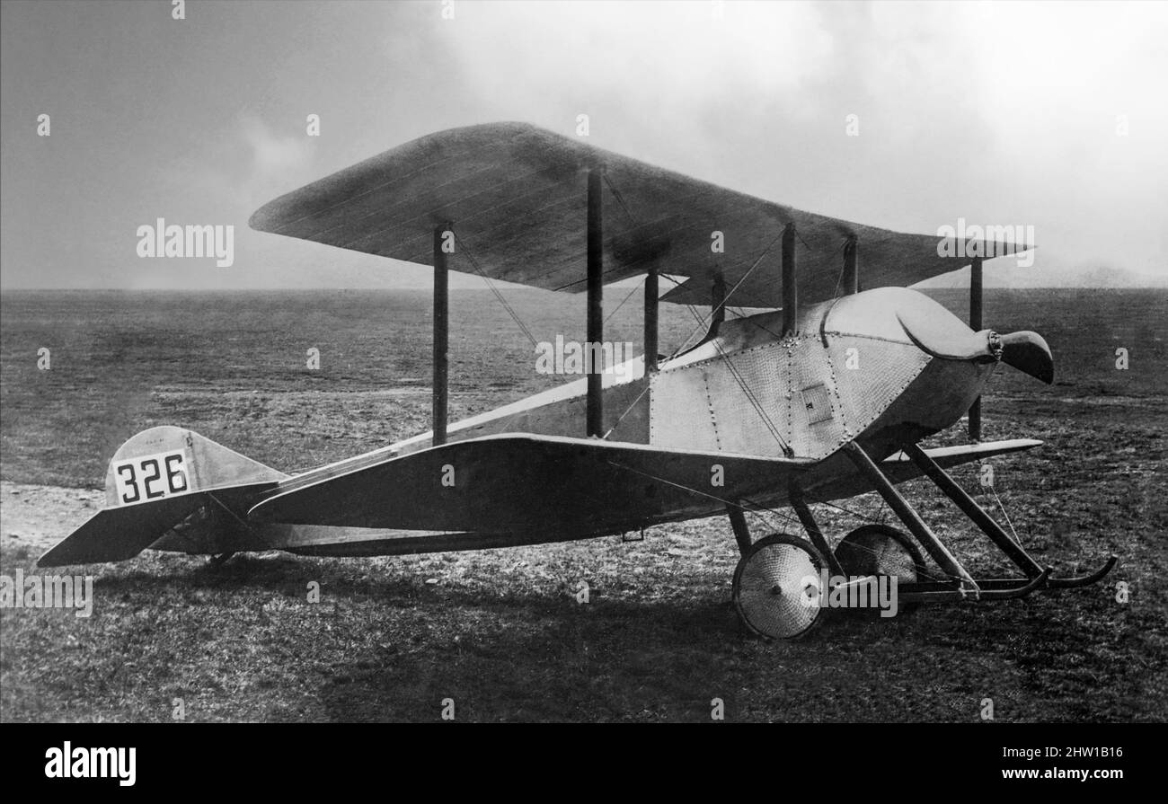 An early 20th century photograph of a Sopwith Tabloid at the British Army base at Aldershot in Hampshire. Designed as sports aircraft, a few, used by the RFC and RNAS were sent to France in 1914.  They were used as fast scouts and for the first long range strategic bombing missions. The Tabloids were the first British aircraft to attack targets in Germany. Stock Photo