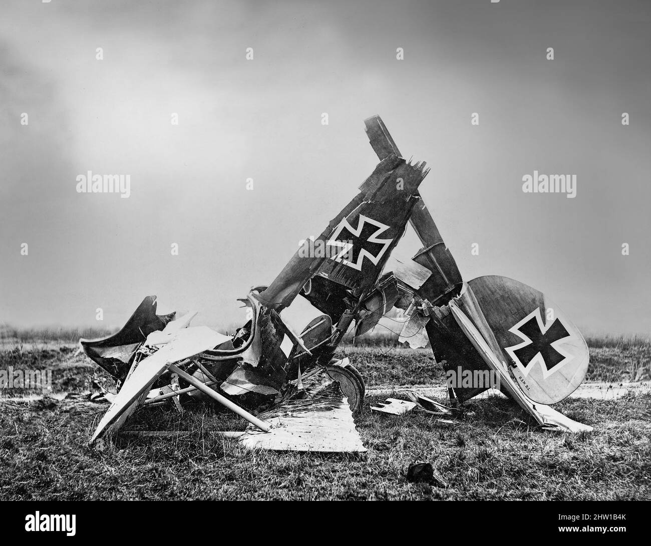 An early 20th century photograph of a crashed Albatros D.III biplane fighter aircraft used by the Imperial German Army Air Service (Luftstreitkräfte) during World War I. Stock Photo
