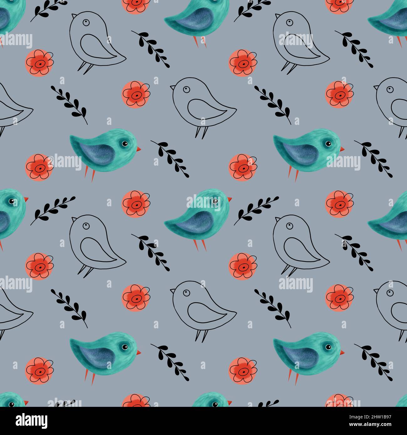 Seamless bird pattern, Colorful background, Blue bird print, Sage green