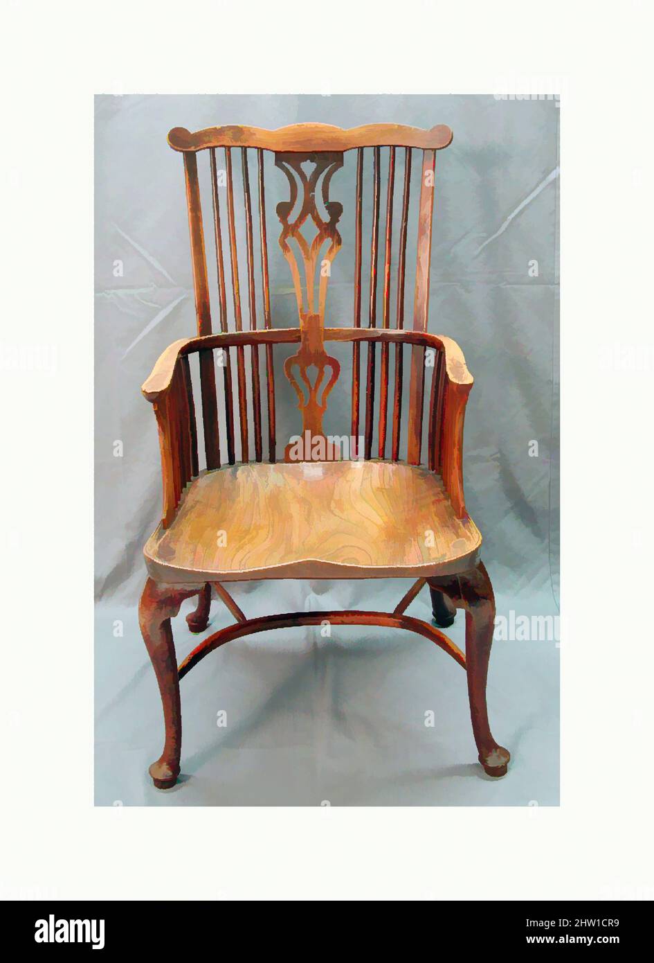 Art inspired by Comb-back Windsor armchair, ca. 1770, British, Yew and elm wood, Overall (confirmed): 44 1/8 × 23 1/2 × 26 1/2 in. (112.1 × 59.7 × 67.3 cm); Height (seat height): 18 in. (45.7 cm), Woodwork-Furniture, Nothing is more quintessentially English than a Windsor chair which, Classic works modernized by Artotop with a splash of modernity. Shapes, color and value, eye-catching visual impact on art. Emotions through freedom of artworks in a contemporary way. A timeless message pursuing a wildly creative new direction. Artists turning to the digital medium and creating the Artotop NFT Stock Photo