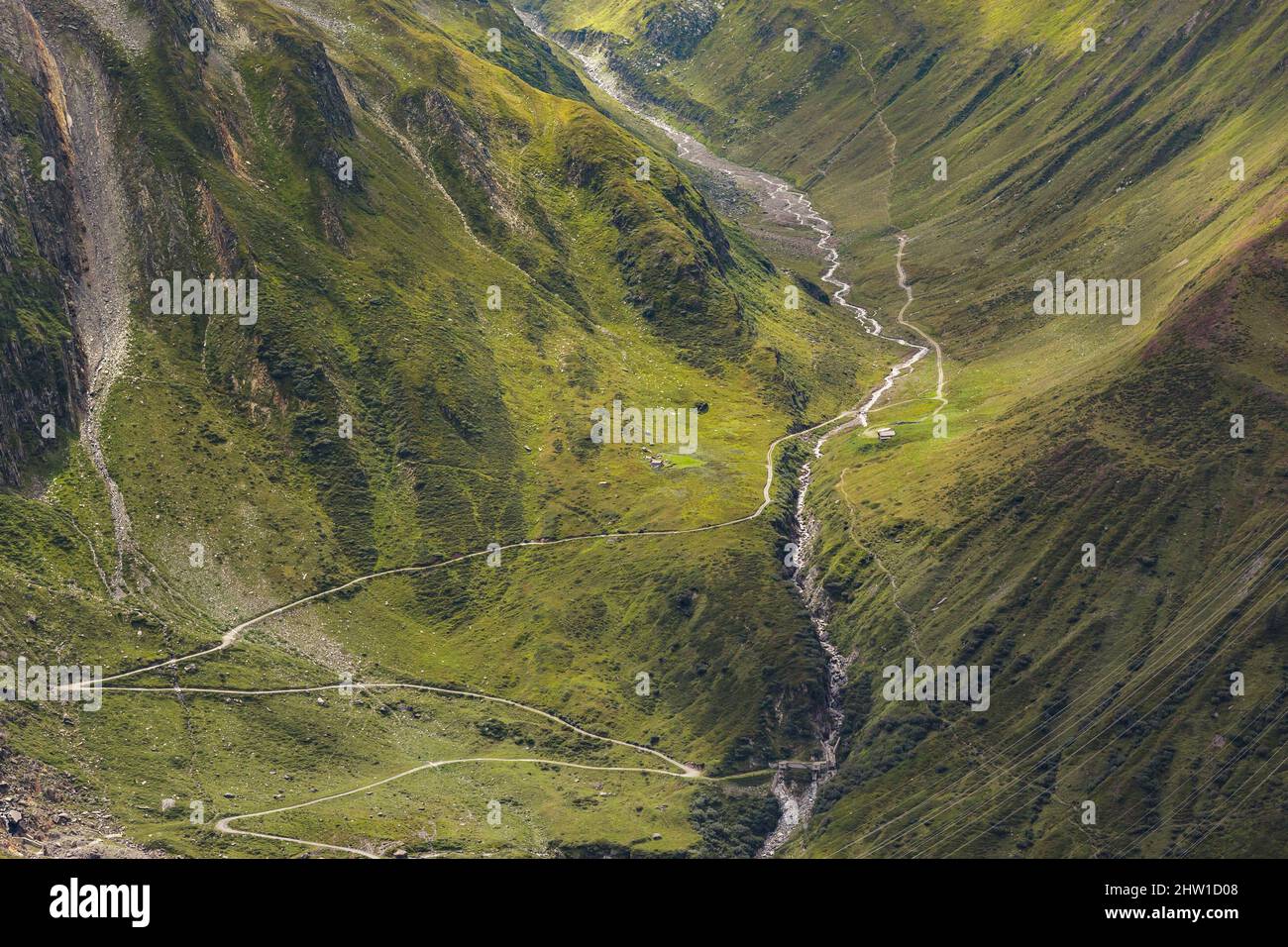 Switzerland, canton of Ticino, Ulrichen, Nufenen pass, elevated view of the Agene river valley, near Gries dam Stock Photo
