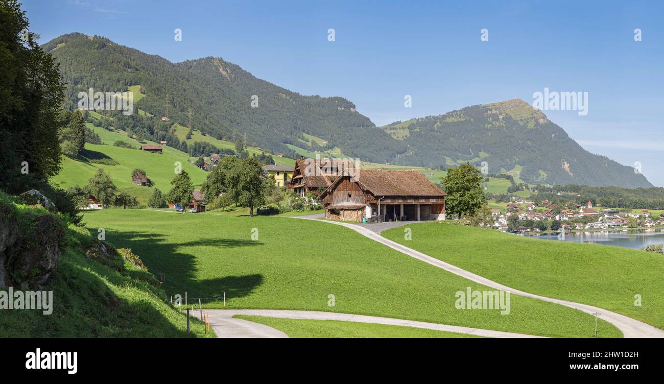 Switzerland, canton of Schwyz, Lauerz, panoramic view of a barn surrounded by lawn and view of Lake Lauerz, surmounted by Mount Rigi Stock Photo