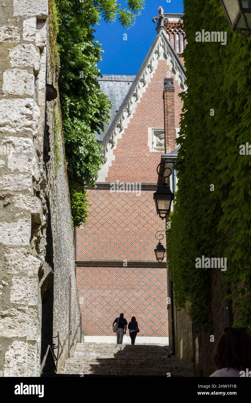 France, Loir et Cher, Blois, Loire valley listed as World Heritage by UNESCO, Louis XII buiding of the castle, The small steps of the castle of Blois are the oldest steps of the city Stock Photo