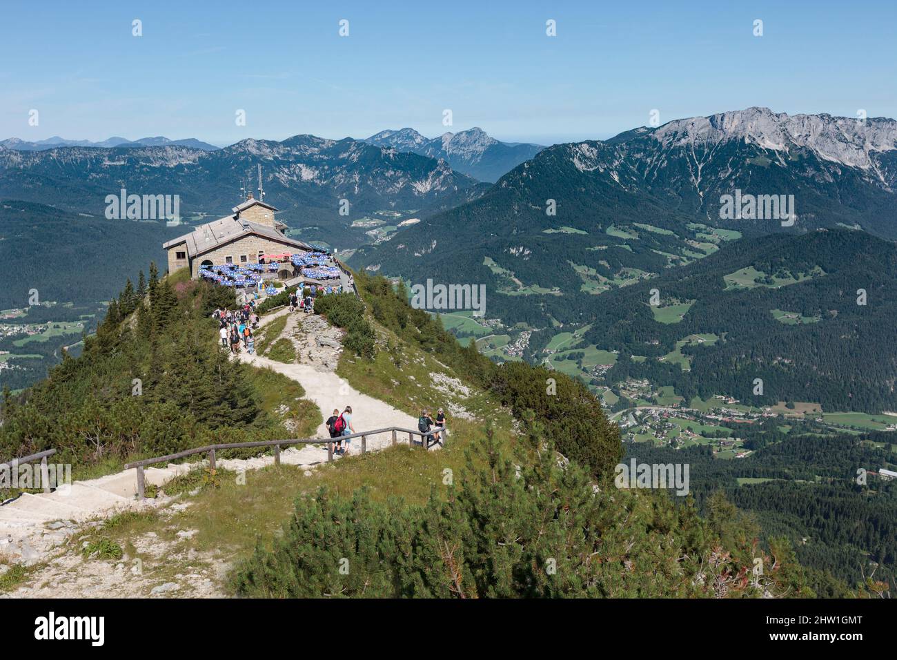 Germany, Bavaria, Upper Bavaria, Berchtesgaden, Obersalzberg, Kehlsteinhaus, the Eagle's Nest, built by the Nazis on a rocky peak at 1800 meters to serve as a conference center, now a tourist restaurant Stock Photo