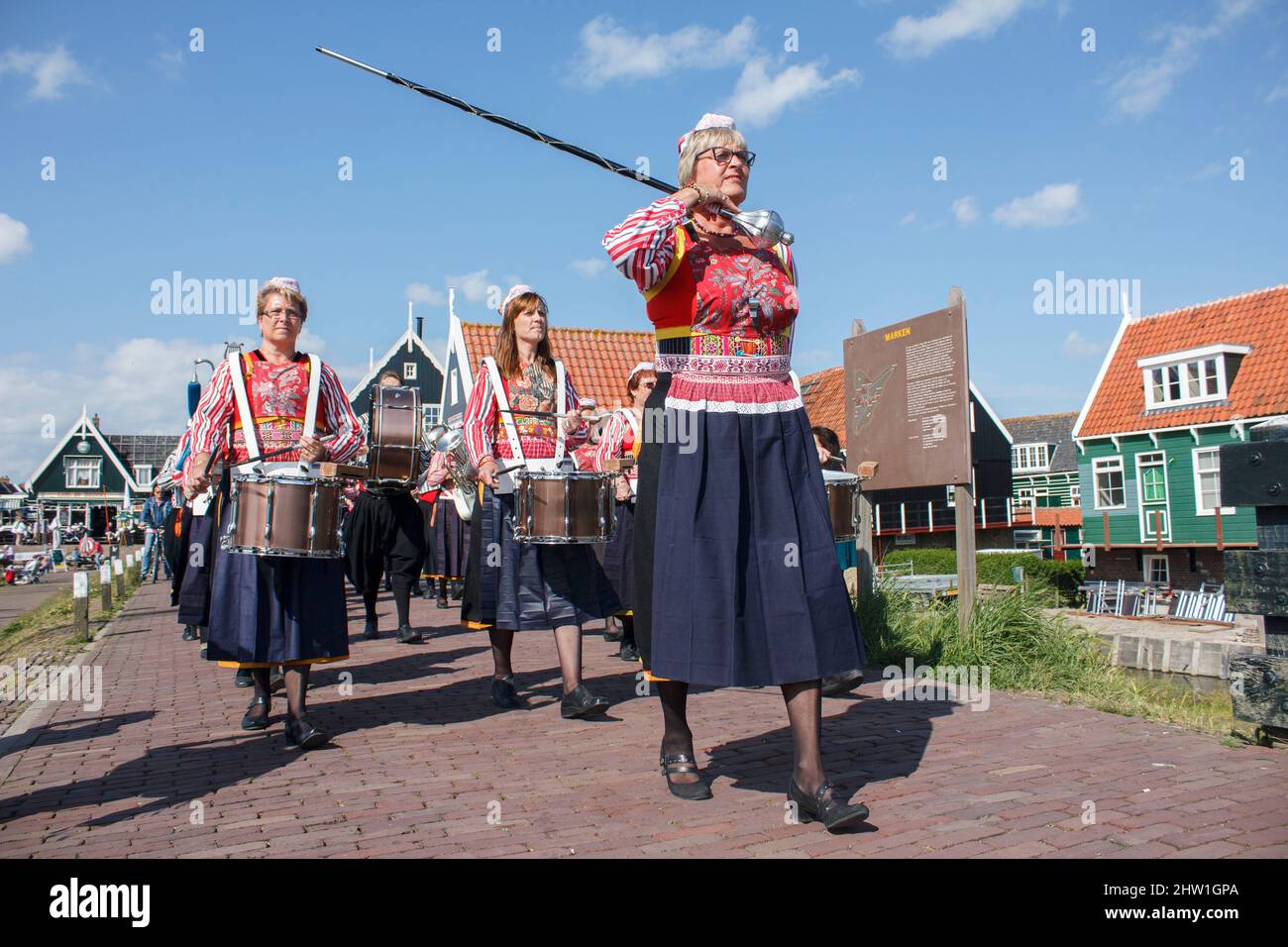 Netherlands, North Holland, Marken, Herring Festival brassband parade, which traditionally marks the start of the deep-see fishing season Stock Photo