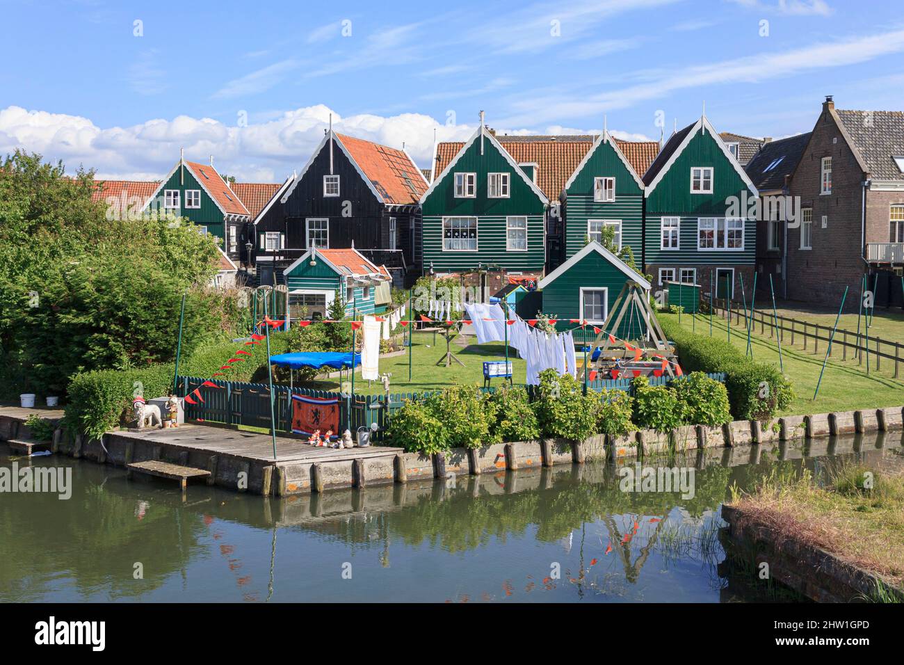 Netherlands, North Holland, Marken, typical wooden houses painted in green and black Stock Photo