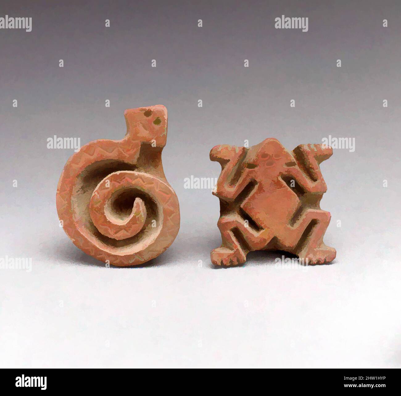 Art inspired by Two Flat Stamps, 1st–7th century, Costa Rica, Atlantic Watershed, Ceramic, H. 1 15/32 x W. 2 3/32 in. (3.7 x 5.3 cm), Ceramics-Implements, Ceramic stamps are found in Costa Rican burials, suggesting that their importance extended beyond utilitarian. Much speculation has, Classic works modernized by Artotop with a splash of modernity. Shapes, color and value, eye-catching visual impact on art. Emotions through freedom of artworks in a contemporary way. A timeless message pursuing a wildly creative new direction. Artists turning to the digital medium and creating the Artotop NFT Stock Photo