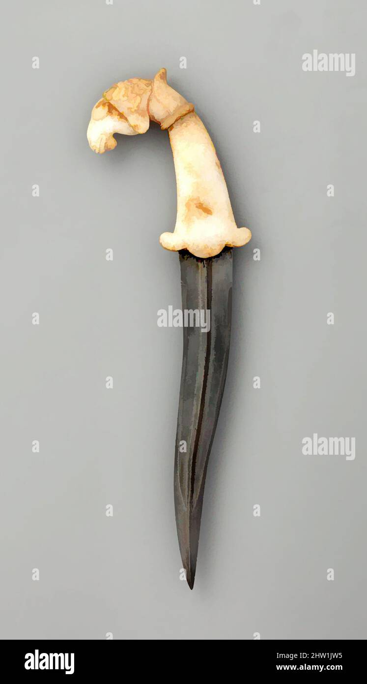 Art inspired by Dagger (Khanjar), 17th–18th century, Indian, Stone (probably marble), steel, L. 13 3/8 in. (34 cm); L. of blade 8 1/16 in. (22 cm), Daggers, The sheep's head pommel of this dagger is extremely distinctive and rare. The great majority of Indian and Persian khanjar, Classic works modernized by Artotop with a splash of modernity. Shapes, color and value, eye-catching visual impact on art. Emotions through freedom of artworks in a contemporary way. A timeless message pursuing a wildly creative new direction. Artists turning to the digital medium and creating the Artotop NFT Stock Photo