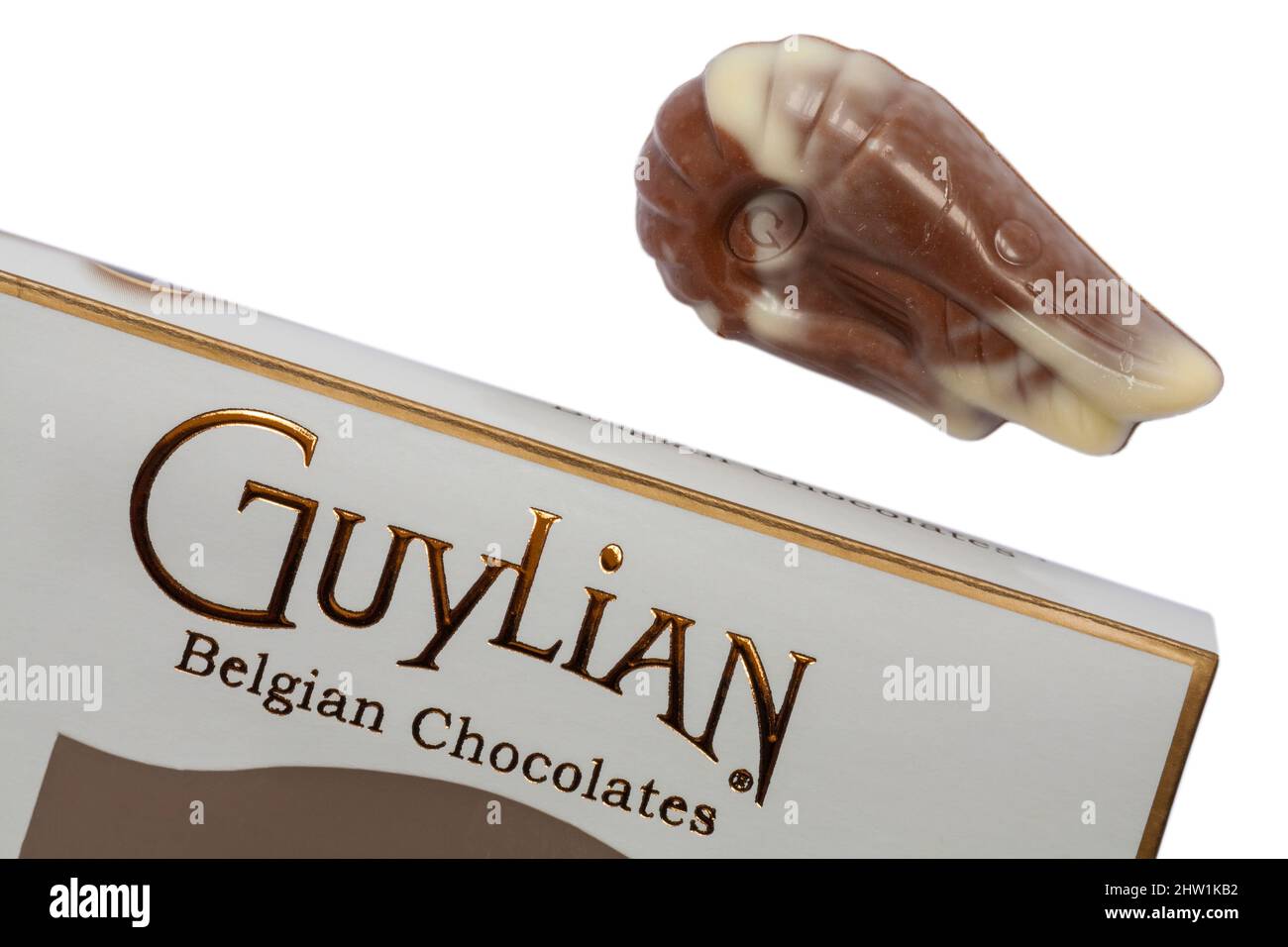 Guylian Belgian chocolates seashells chocolate seashell with box set on white background - finest Belgian chocolates with hazelnut praline filling Stock Photo