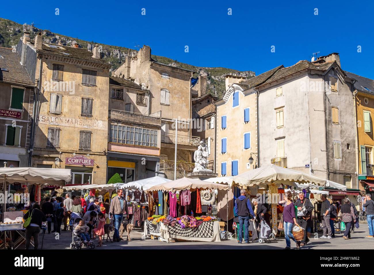 France, Lozere, the Causses and the Cevennes, Mediterranean agro pastoral cultural landscape, listed as World Heritage by UNESCO, Cevennes National Park (Parc National des Cevennes), listed as Biosphere Reserve by UNESCO, Florac market day Stock Photo