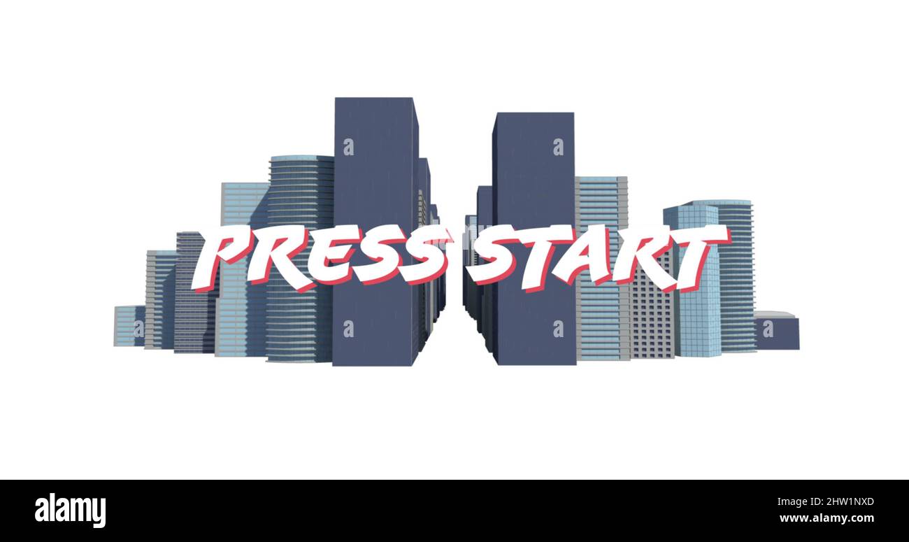 Image of press start over digital modern city Stock Photo