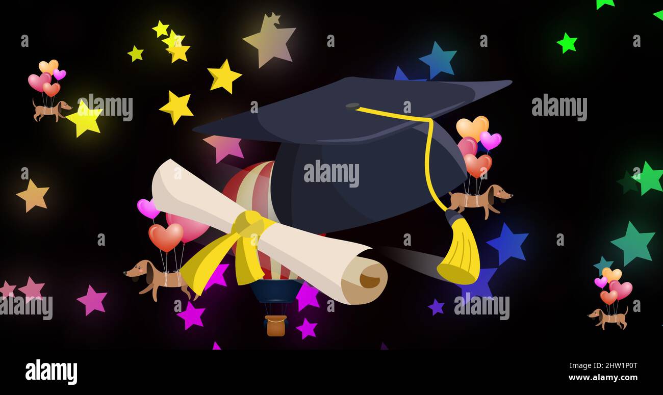 Image of graduation cap over balloons and stars on black background ...