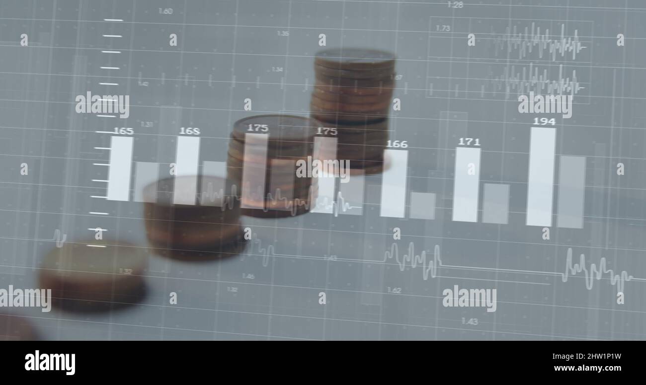 Image of financial data processing over coins on white background Stock ...
