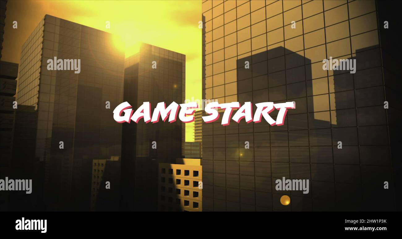 Image of game start over cityscape in yellow Stock Photo