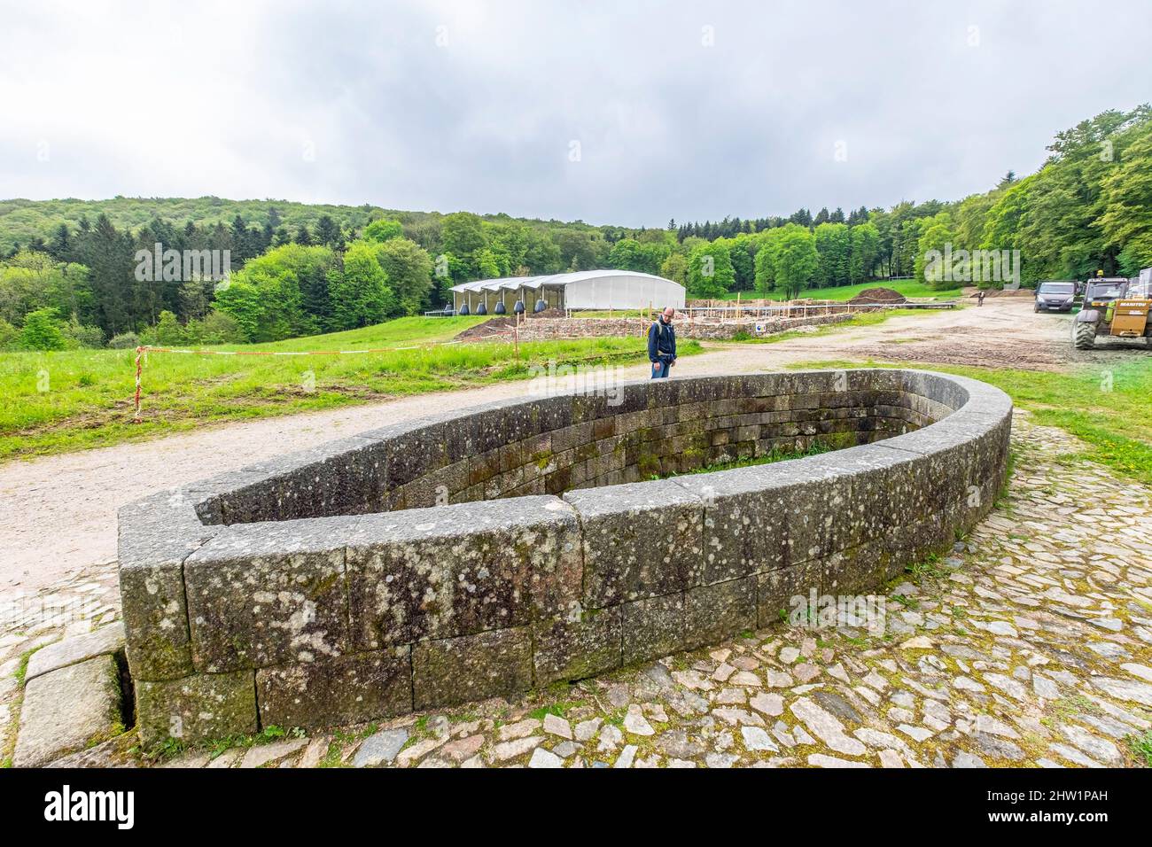 France, Saone et Loire, Saint Leger sous Beuvray, Bibracte, a Gaulish oppidum or fortified city, was the capital of the Aedui and one of the most important hillforts in Gaul, Monumental Fountain, Mont Beuvray, Parc Naturel Regional du Morvan (Regional Natural Park of Morvan) Stock Photo