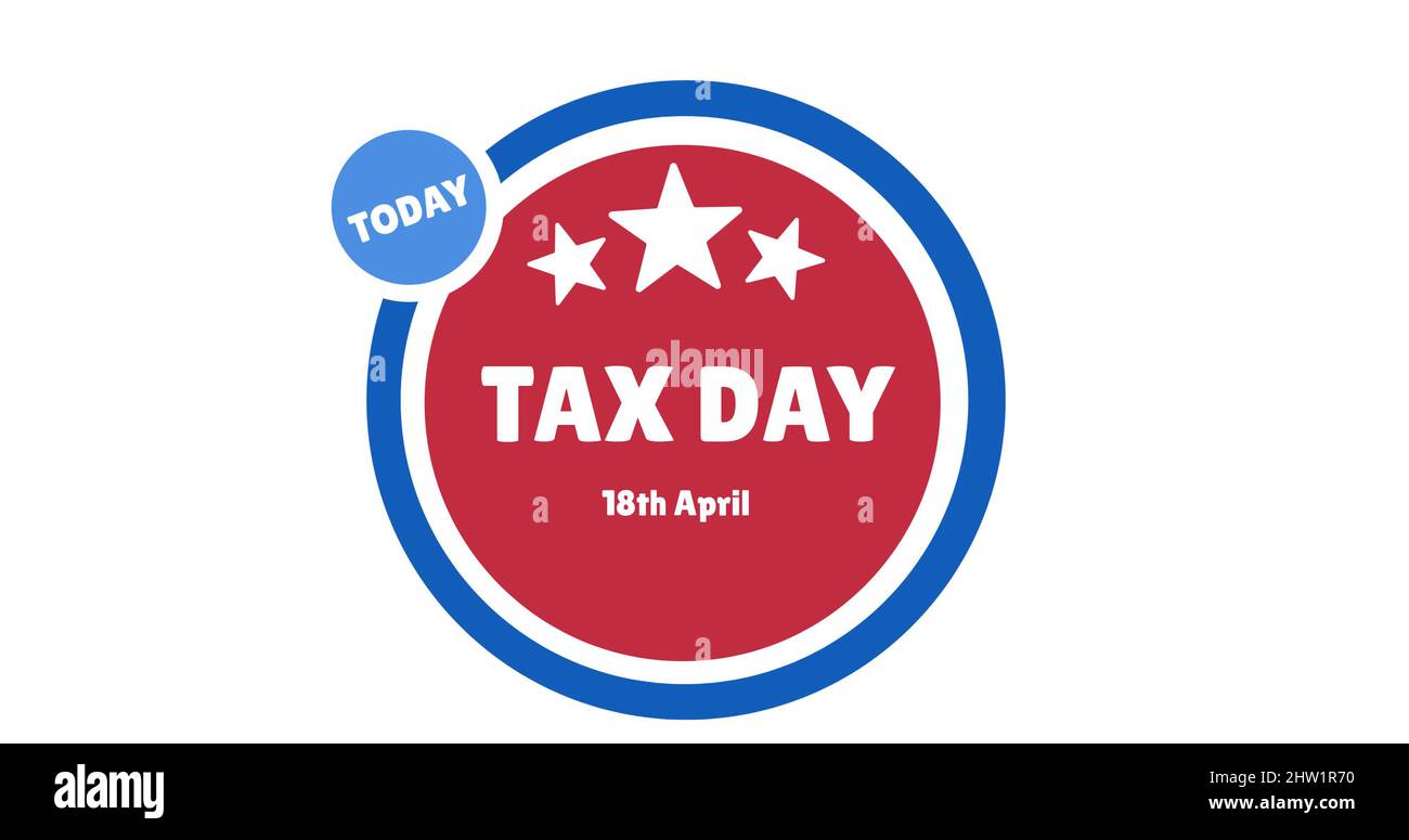 Image of tax day text on red and blue badge on white background Stock