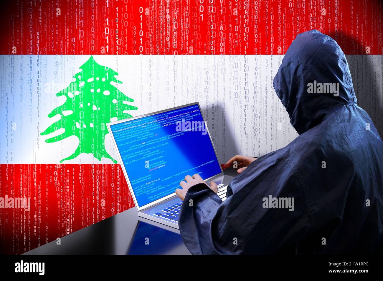 Anonymous hooded hacker, flag of Lebanon, binary code - cyber attack ...