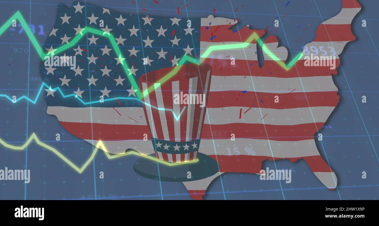 Image of american flag, hat and map with lines and statistics processing Stock Photo