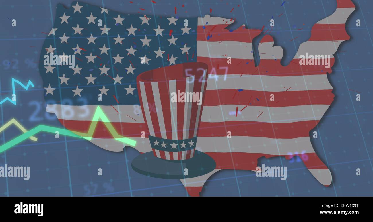 Image of american flag, hat and map with lines and statistics processing Stock Photo