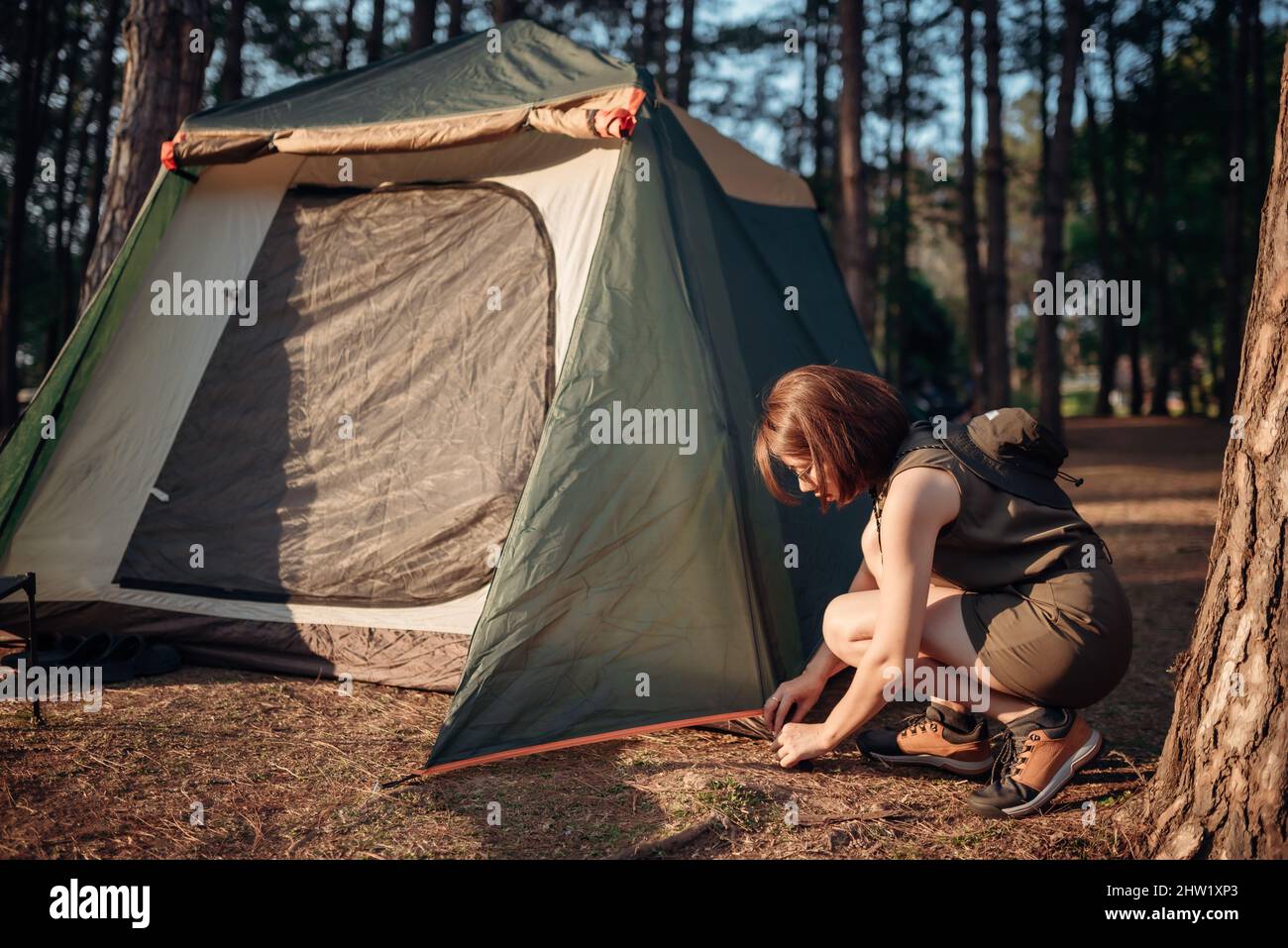 An Asian woman is pitching a tent in the pine tree forest at Pang Oung, Mae Hong Son province, Thailand. Stock Photo