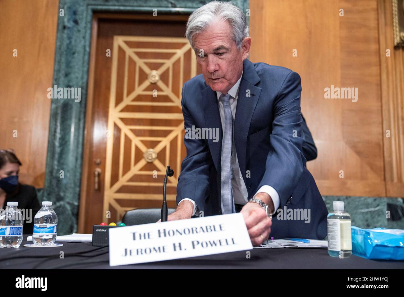 Federal Reserve Chairman Jerome Powell arrives to testify before the Senate Banking Committee hearing titled The Semiannual Monetary Policy Report to the Congress in Dirksen Building in Washington, D.C., March 3, 2022. Tom Williams/Pool Via REUTERS Stock Photo
