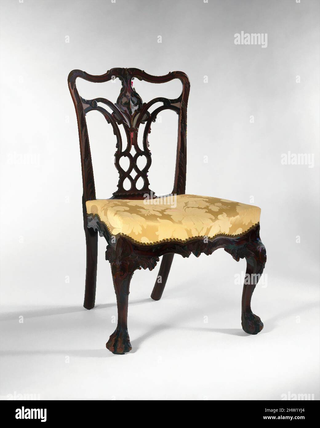 Art inspired by Side Chair, ca. 1770, Made in Philadelphia, Pennsylvania, United States, American, Mahogany, northern white cedar, 37 x 22 1/2 x 23 in. (94 x 57.2 x 58.4 cm), Furniture, Attributed to Thomas Affleck (1740–1795), This magnificently carved chair is part of a suite of, Classic works modernized by Artotop with a splash of modernity. Shapes, color and value, eye-catching visual impact on art. Emotions through freedom of artworks in a contemporary way. A timeless message pursuing a wildly creative new direction. Artists turning to the digital medium and creating the Artotop NFT Stock Photo