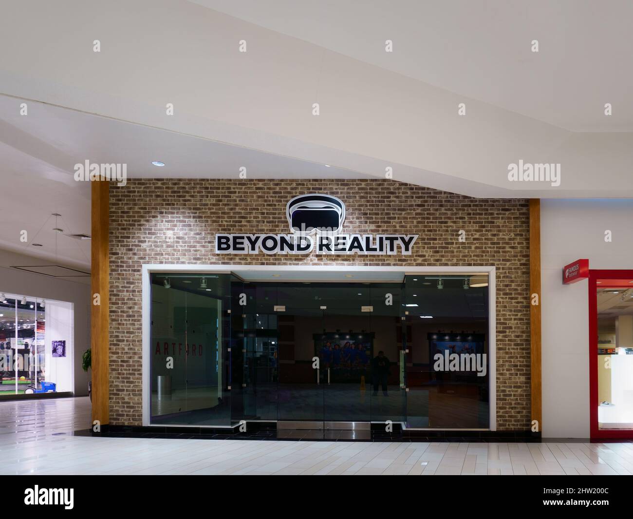 New Hartford, New York - Mar 1, 2022: Closeup View of BEYOND REALITY VR Arcade Shop inside Sangertown Mall, Beyond Reality is a Local Business in the Stock Photo