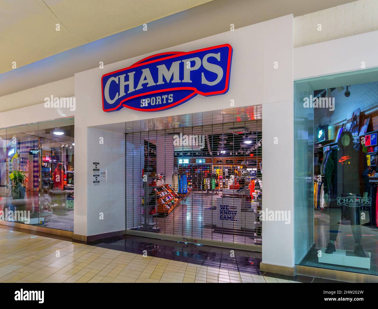 New Hartford, New York - Mar 1, 2022: Closeup View of CHAMPS SPORTS Storefront in Sangertown Mall. Stock Photo