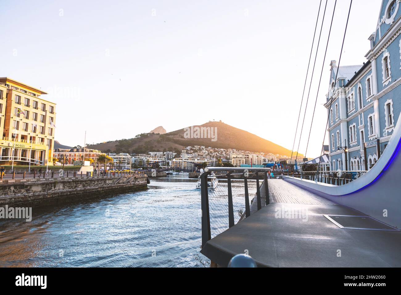 Cape Town, South Africa, 26th February - 2022: View across harbour mouth and bridge that opens to allow boats access to harbour. Stock Photo