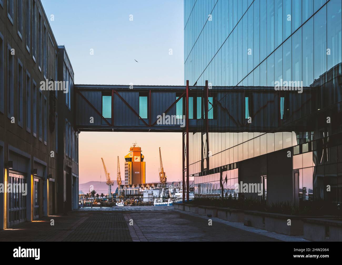 Cape Town, South Africa, 26th February - 2022: Harbour operations buildings as seen in evening light. Stock Photo