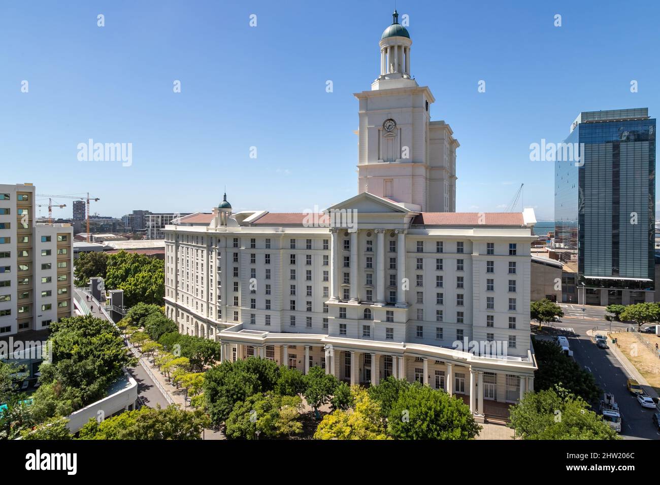 Cape Town, South Africa, 26th February - 2022: View across city towards harbour with large neoclassical building in centre. Stock Photo