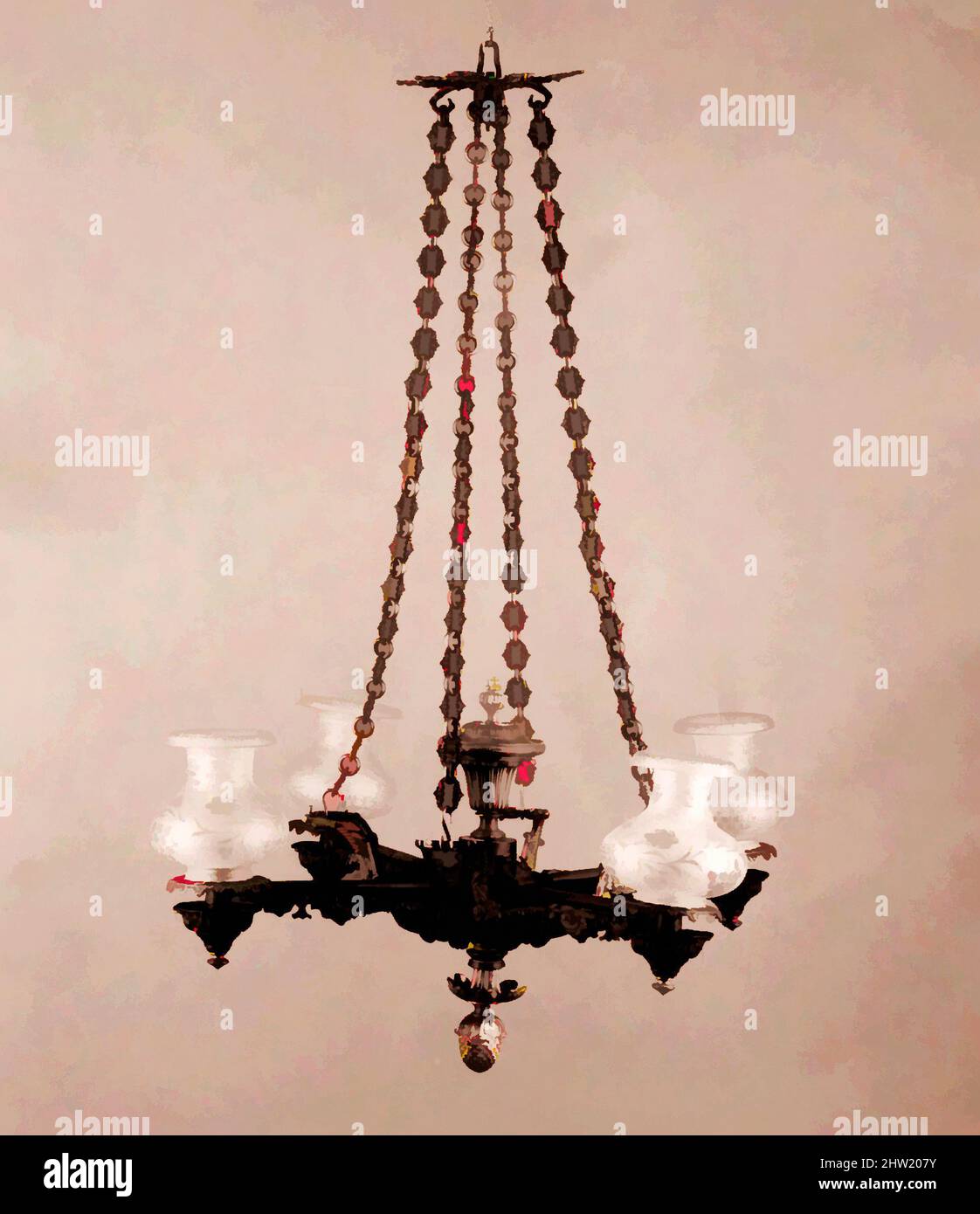 Art inspired by Chandelier, ca. 1845, Made in New York, New York, United States, American, Bronze, H. 51 in. (129.5 cm); Diam. 35 in. (88.9 cm), Metal, Clark, Coit and Cargill, This chandelier with four burners and an urn-shaped oil reservoir is one of the few surviving examples, Classic works modernized by Artotop with a splash of modernity. Shapes, color and value, eye-catching visual impact on art. Emotions through freedom of artworks in a contemporary way. A timeless message pursuing a wildly creative new direction. Artists turning to the digital medium and creating the Artotop NFT Stock Photo