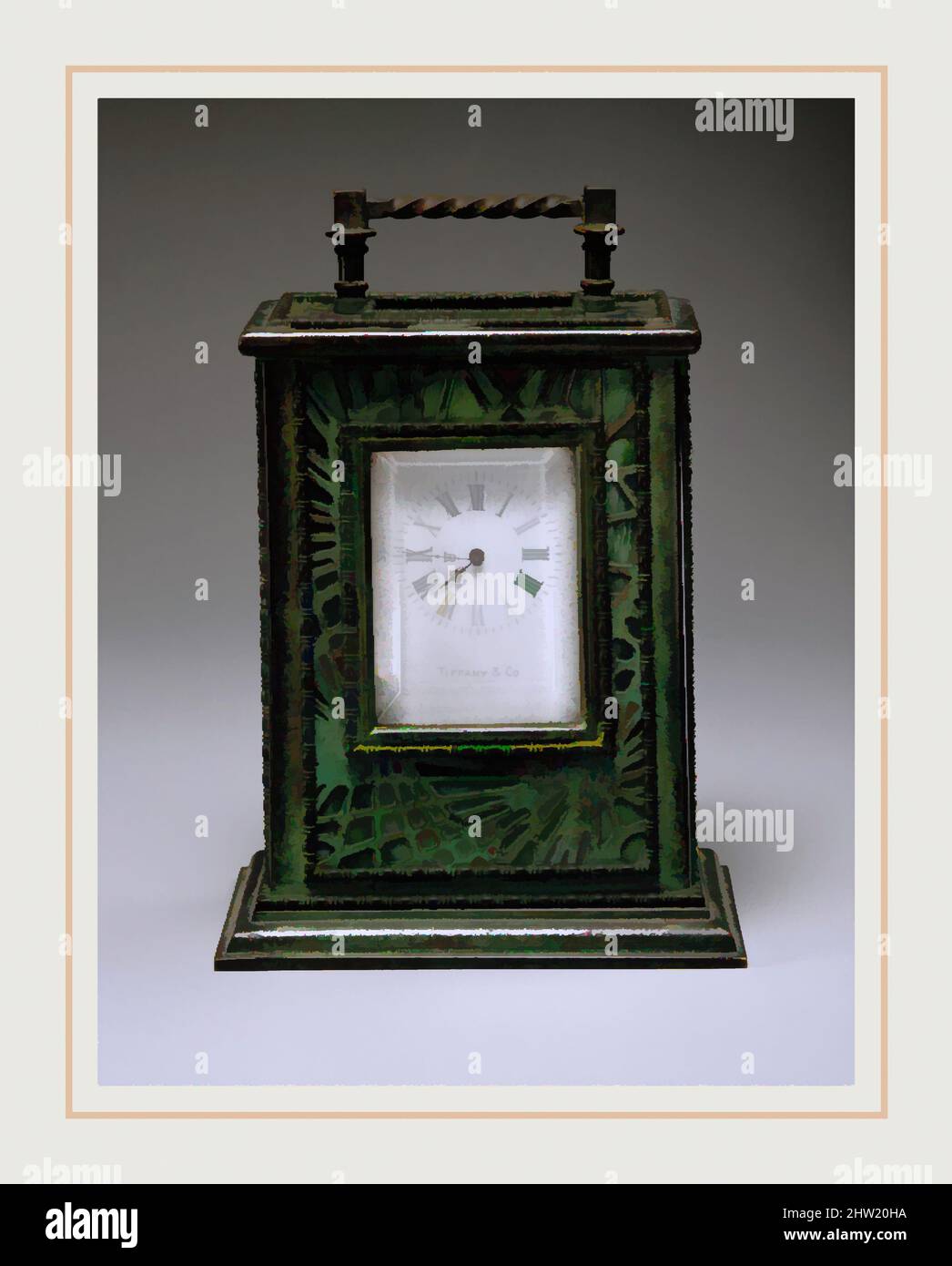 Art inspired by Clock, ca. 1905–20, Made in New York, New York, United States, American, Glass, bronze, 4 3/4 x 3 1/2 x 2 3/8 in. (12.1 x 8.9 x 6 cm), Metal, Tiffany Studios (1902–32, Classic works modernized by Artotop with a splash of modernity. Shapes, color and value, eye-catching visual impact on art. Emotions through freedom of artworks in a contemporary way. A timeless message pursuing a wildly creative new direction. Artists turning to the digital medium and creating the Artotop NFT Stock Photo