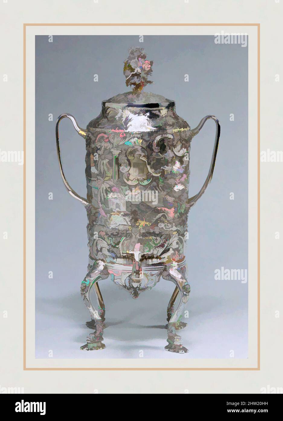 Art inspired by Coffee Urn, 1845, Made in Baltimore, Maryland, United States, American, Silver, Overall: 15 3/8 x 8 5/8 x 8 13/16 in. (39.1 x 21.9 x 22.4 cm); 91 oz. 7 dwt. (2841.9 g), Silver, Andrew Ellicott Warner (1786–1870, Classic works modernized by Artotop with a splash of modernity. Shapes, color and value, eye-catching visual impact on art. Emotions through freedom of artworks in a contemporary way. A timeless message pursuing a wildly creative new direction. Artists turning to the digital medium and creating the Artotop NFT Stock Photo