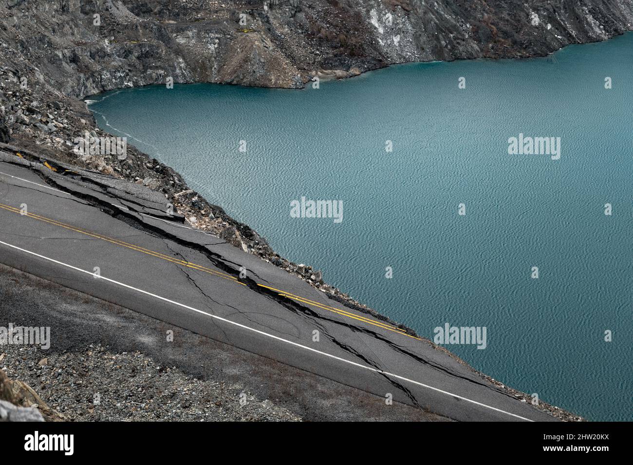 Broken road, abandoned openair mine in Black Lake, Quebec, Canada