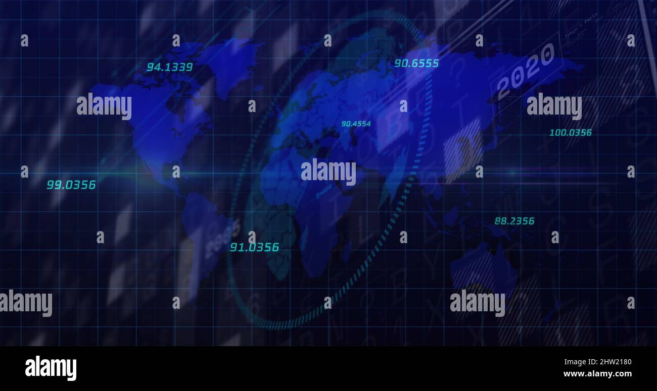 Image of world map and financial data processing over black background ...